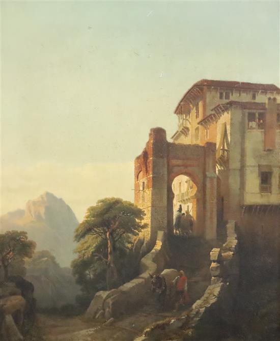 François Antoine Bossuet (1800-1889) Travellers alongside a hilltop town 22.5 x 18.5in.